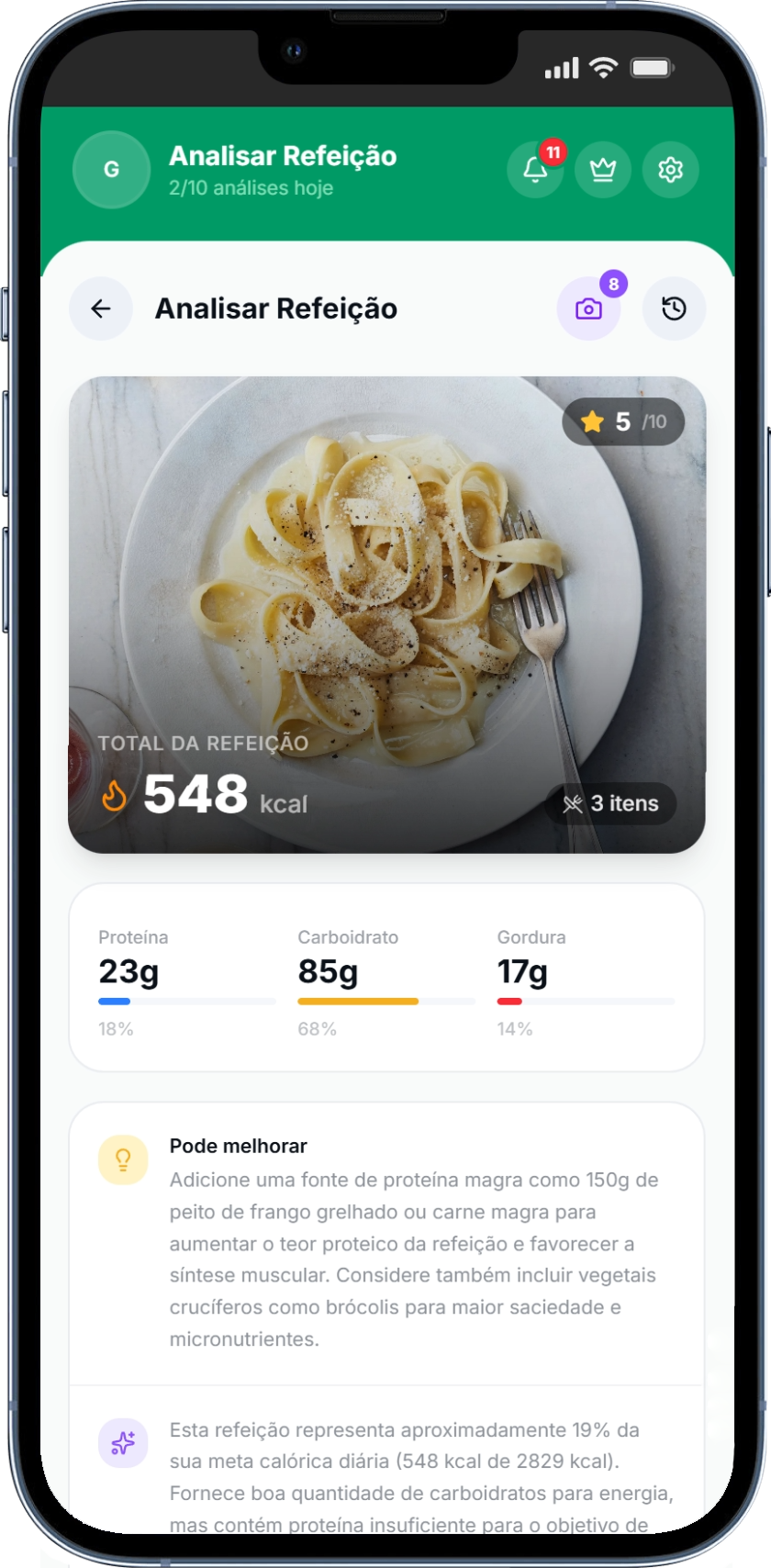 Análise de refeição com IA no GymRise